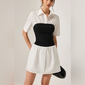 NWOT Commense White Shirt-Style Mini Dress with Stretchy Black Bust Panel